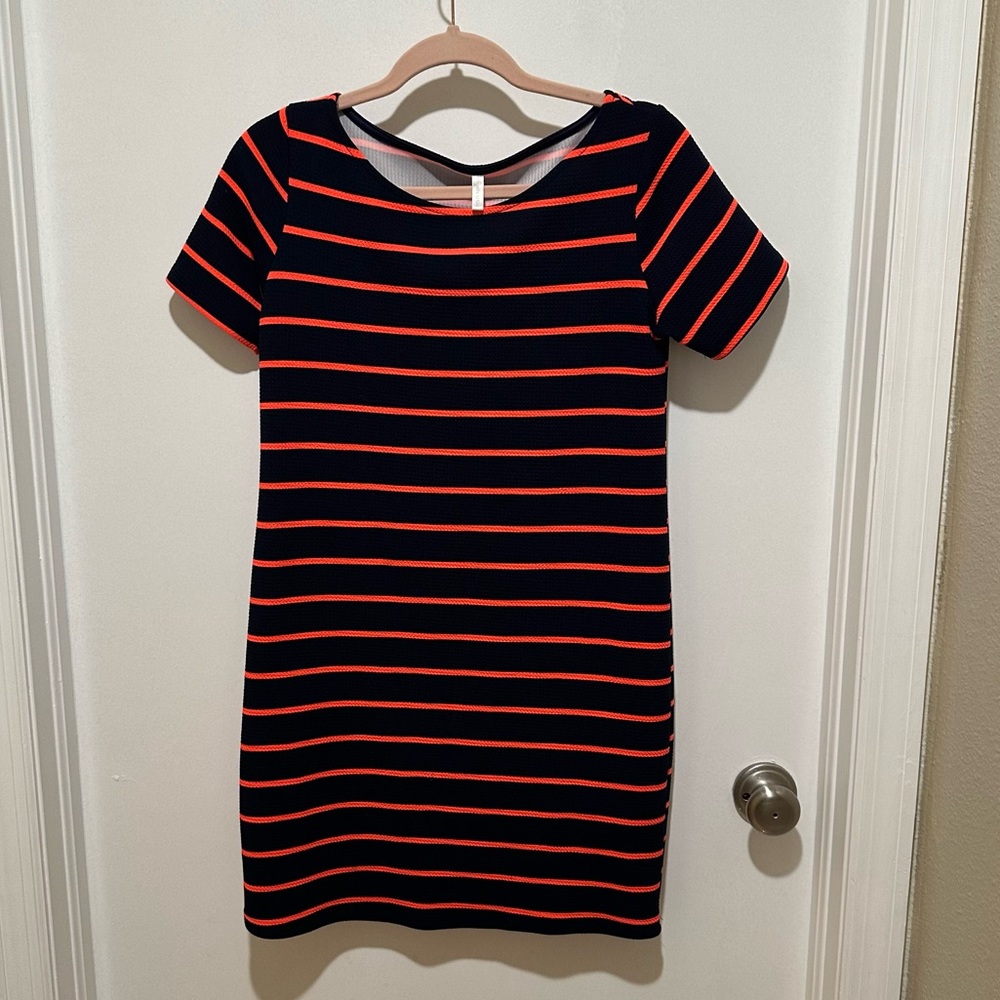 PinkBlush Maternity Navy/Coral Striped Fitted Short Sleeve Dress Women's Small